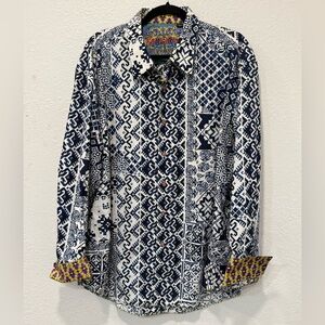 Robert Graham Men’s Long Sleeve Button Down Shirt Navy White Geometric Patchwork
